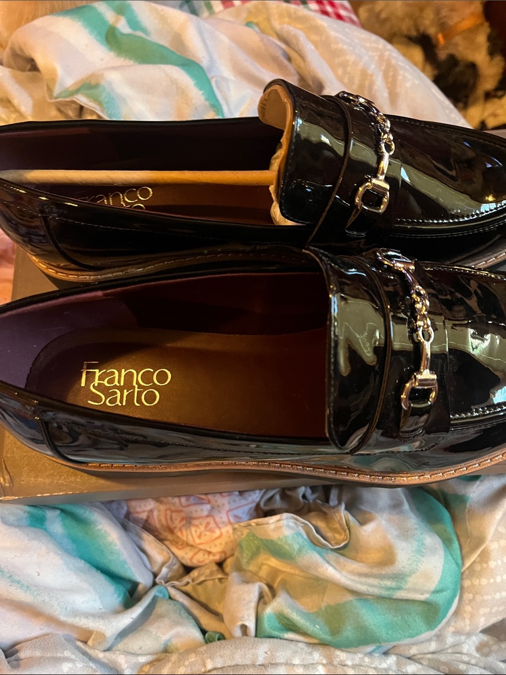 Franco Sarto Black Patent Loafers with Silver Bit